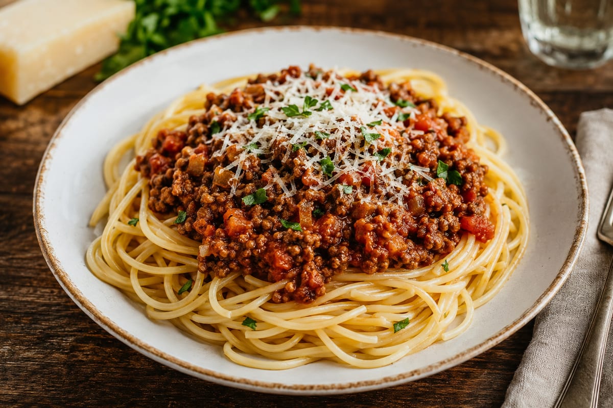 Een bord spaghetti met bolognesesaus, geraspte kaas en verse basilicum